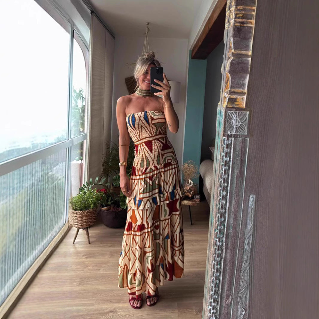 Women's Retro High Waist Printing Slip Dress