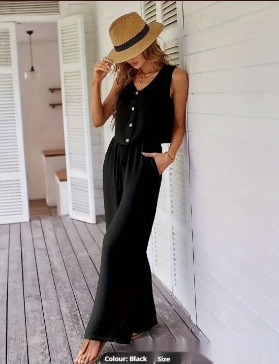 Elegant Women's Suit V-neck Vest Loose Wide Leg Pants