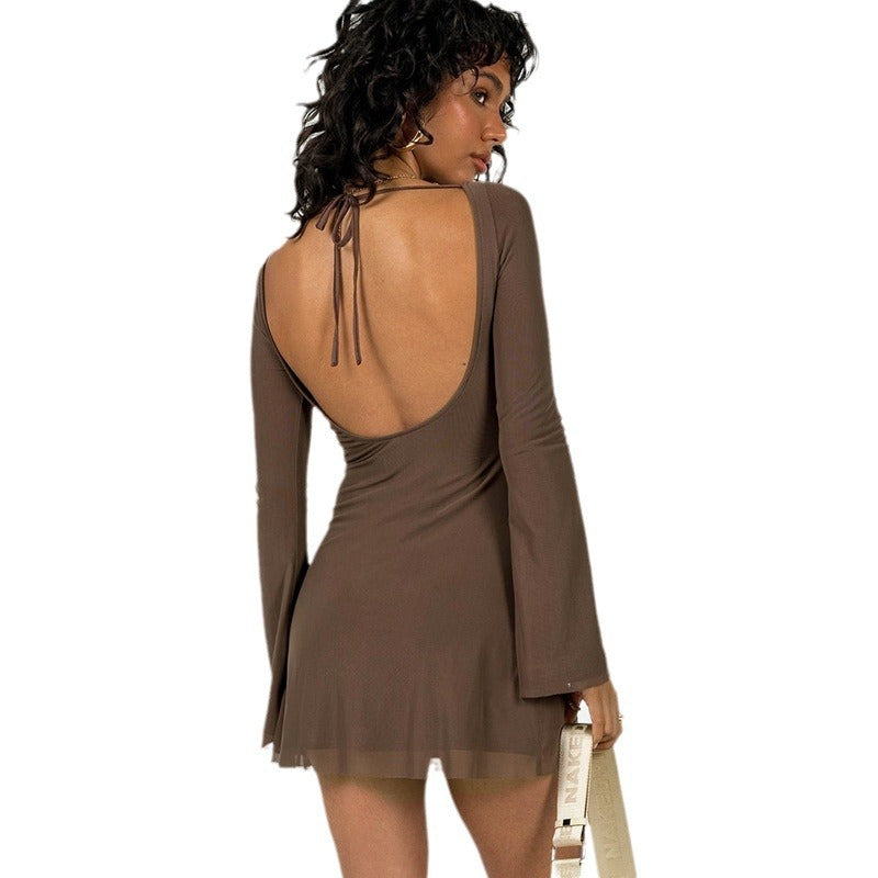 Fall Women's Clothing Temperament Double Layer Mesh Slim Fit Lace-up Dress