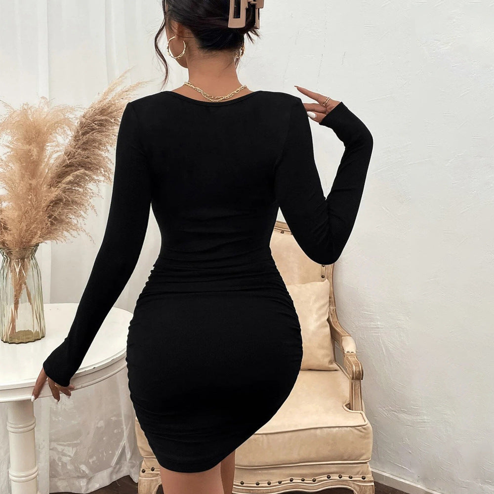 Slim-fit Sheath Stitching Lace Knitted Long-sleeved Dress