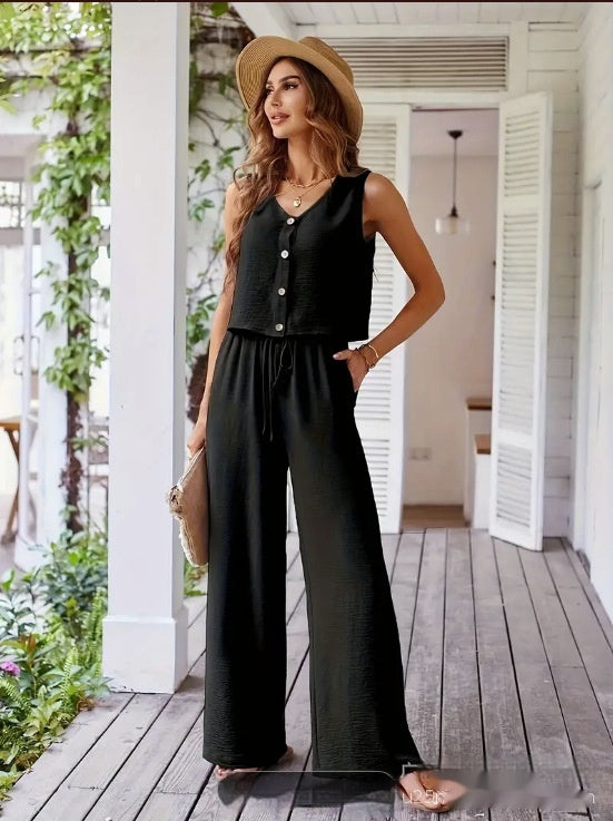 Elegant Women's Suit V-neck Vest Loose Wide Leg Pants
