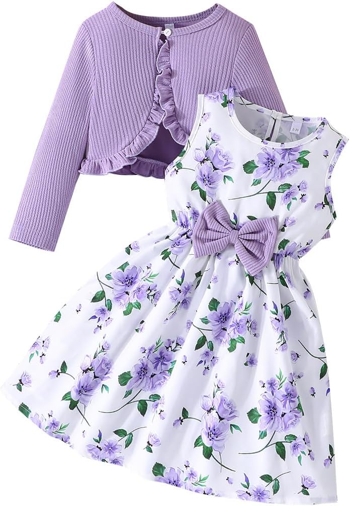 Yanmucy Little Girls Dresses with Cardigan Sets 2PCS Baby Girls Floral Dresses Toddler Kids Long Sleeve Ruffle Coat Girls Clothes for 2-8 Years
