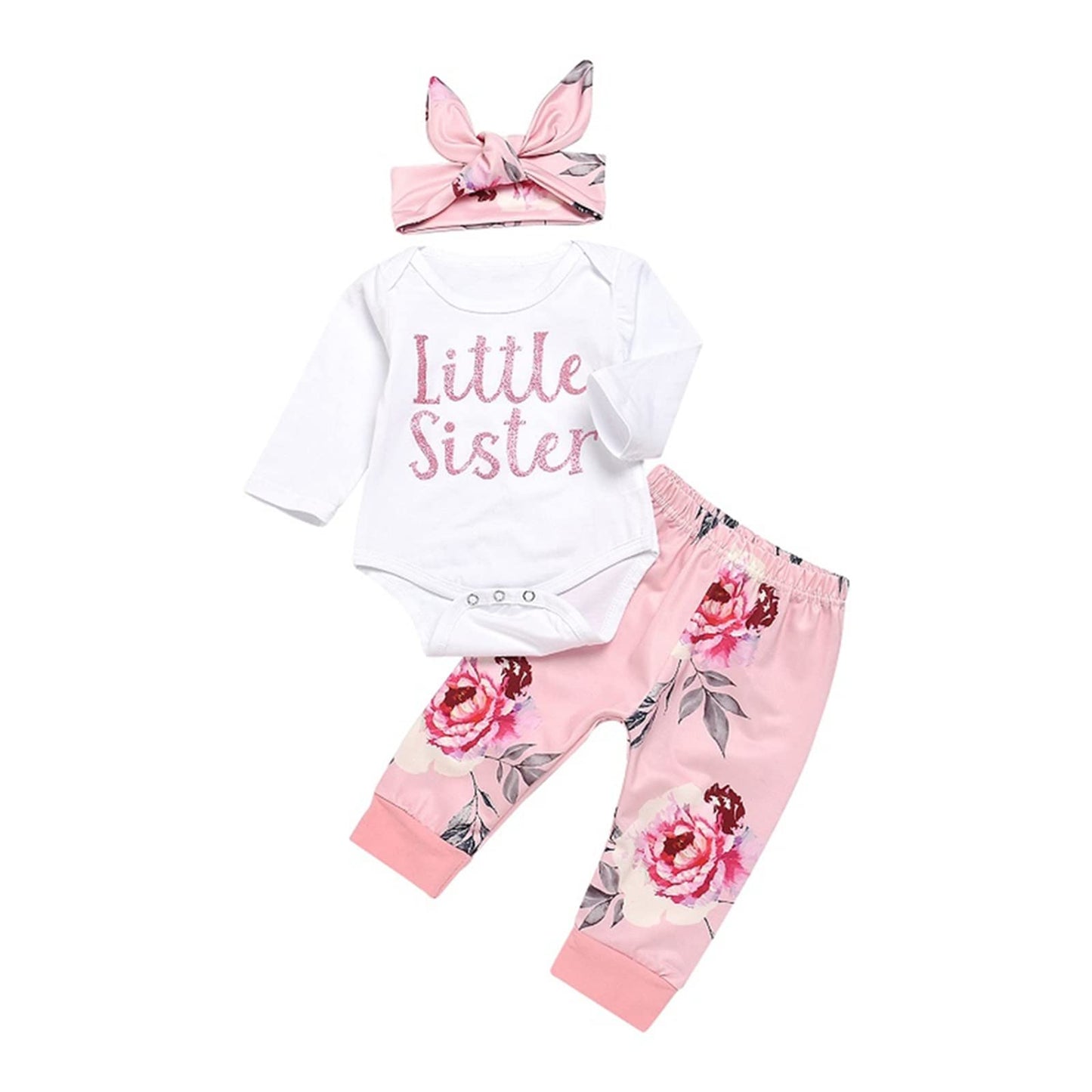 ChYoung Baby Girl Clothes Set Newborn Outfit Little Sister Romper Top and Rose Printed Pant and Headband 3 Pieces