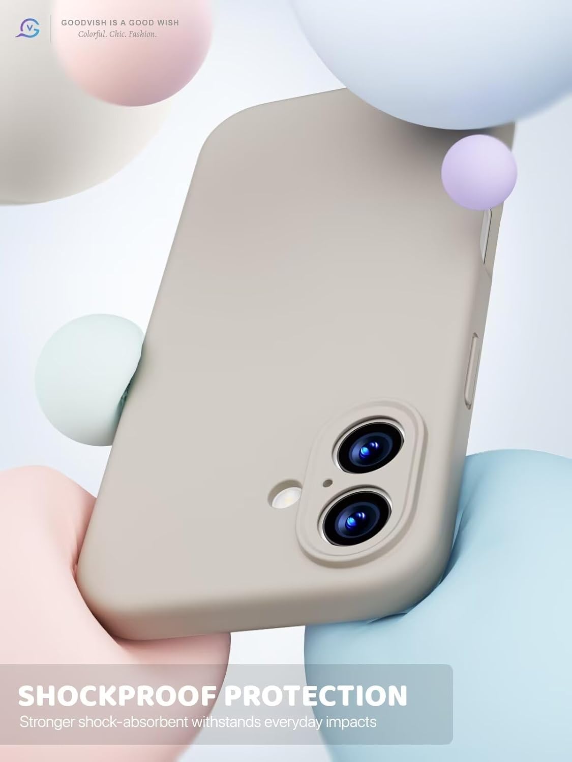 GOODVISH 3 IN 1 for iPhone 16 Case 6.1 inch, Upgraded Camera Protection, 2X HD Screen Protector, Liquid Silicone Anti-Scratch Shockproof Gel Rubber Anti-Fingerprint Phone Case Cover, Stone Grey