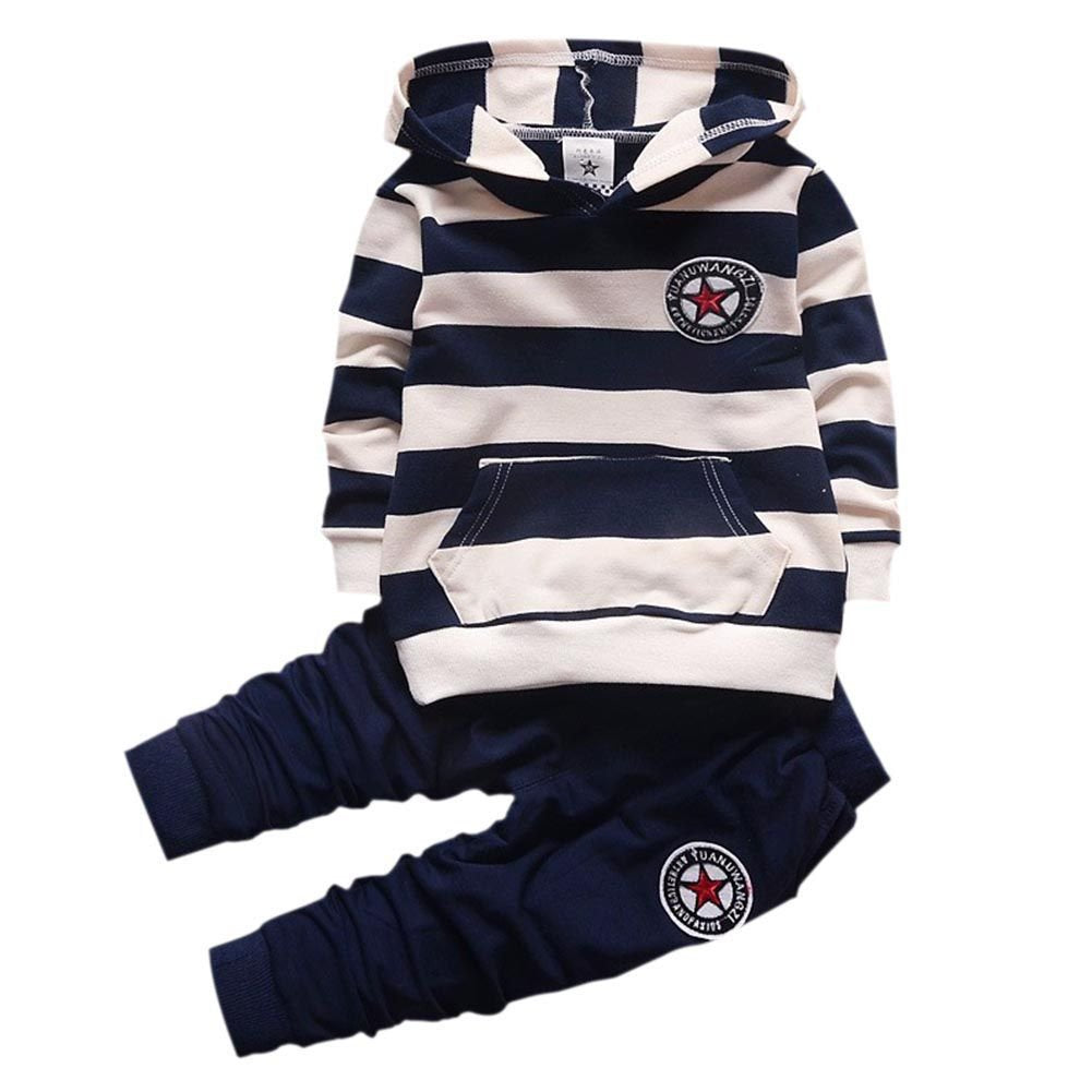 Shiningup Baby Tracksuit Boys Clothing Set Outfit Long Sleeve Hooded Striped T-Shirt and Pants Little Kids