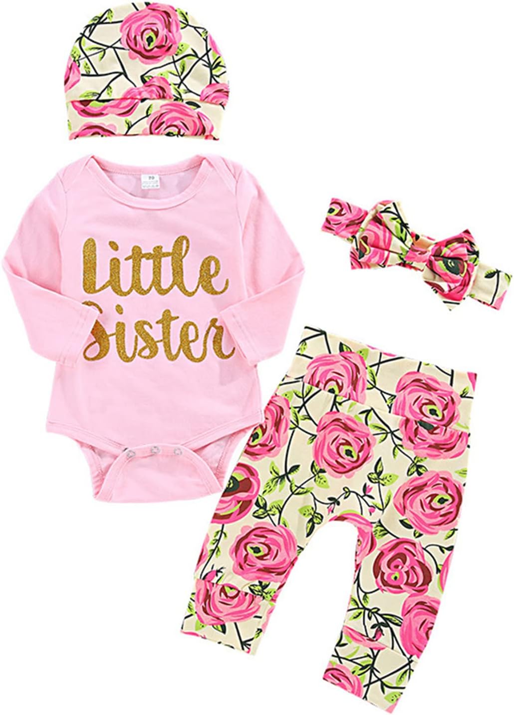 ChYoung Baby Girl Clothes Set Newborn Outfit Little Sister Romper Top and Rose Printed Pant and Headband 3 Pieces