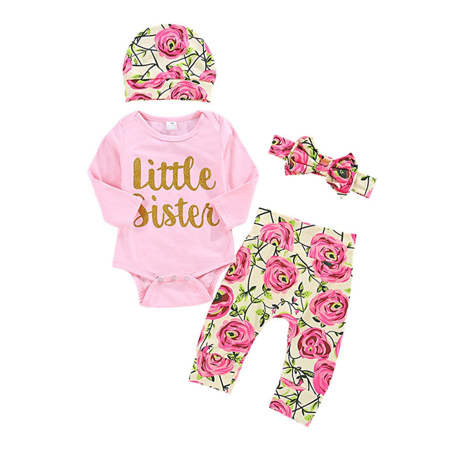 ChYoung Baby Girl Clothes Set Newborn Outfit Little Sister Romper Top and Rose Printed Pant and Headband 3 Pieces