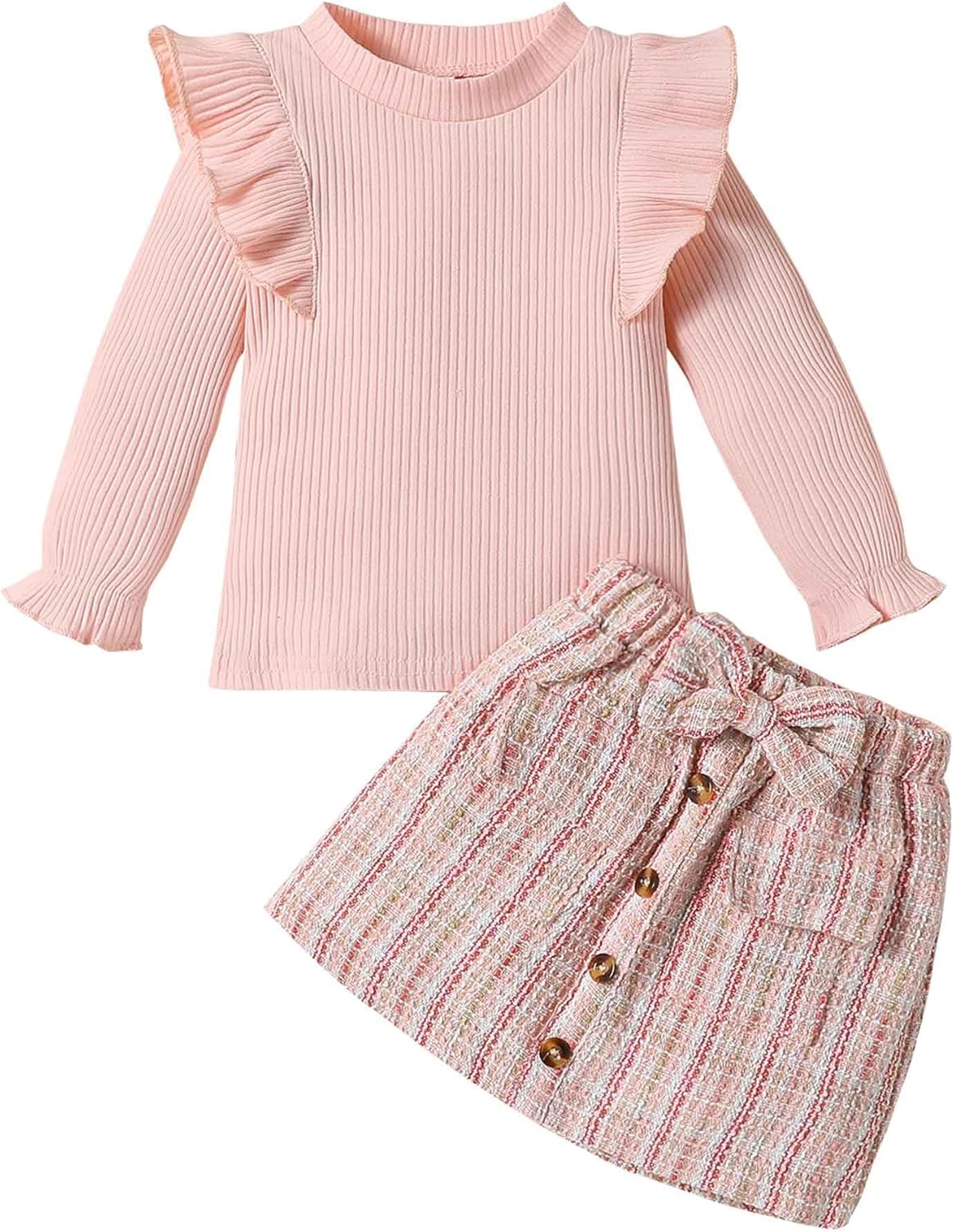 Qiraoxy Baby Girl Clothes Ruffle Ribbed Long Sleeve T-Shirt Top Plaid Skirt Fashion Set 2Pcs Toddler Kids Girl Fall Winter Outfits 1-6 Years