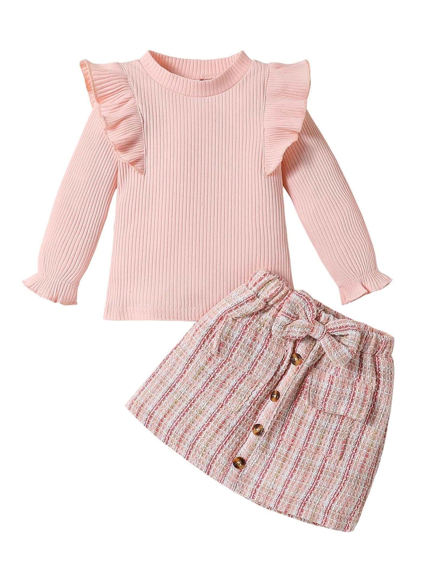 Qiraoxy Baby Girl Clothes Ruffle Ribbed Long Sleeve T-Shirt Top Plaid Skirt Fashion Set 2Pcs Toddler Kids Girl Fall Winter Outfits 1-6 Years