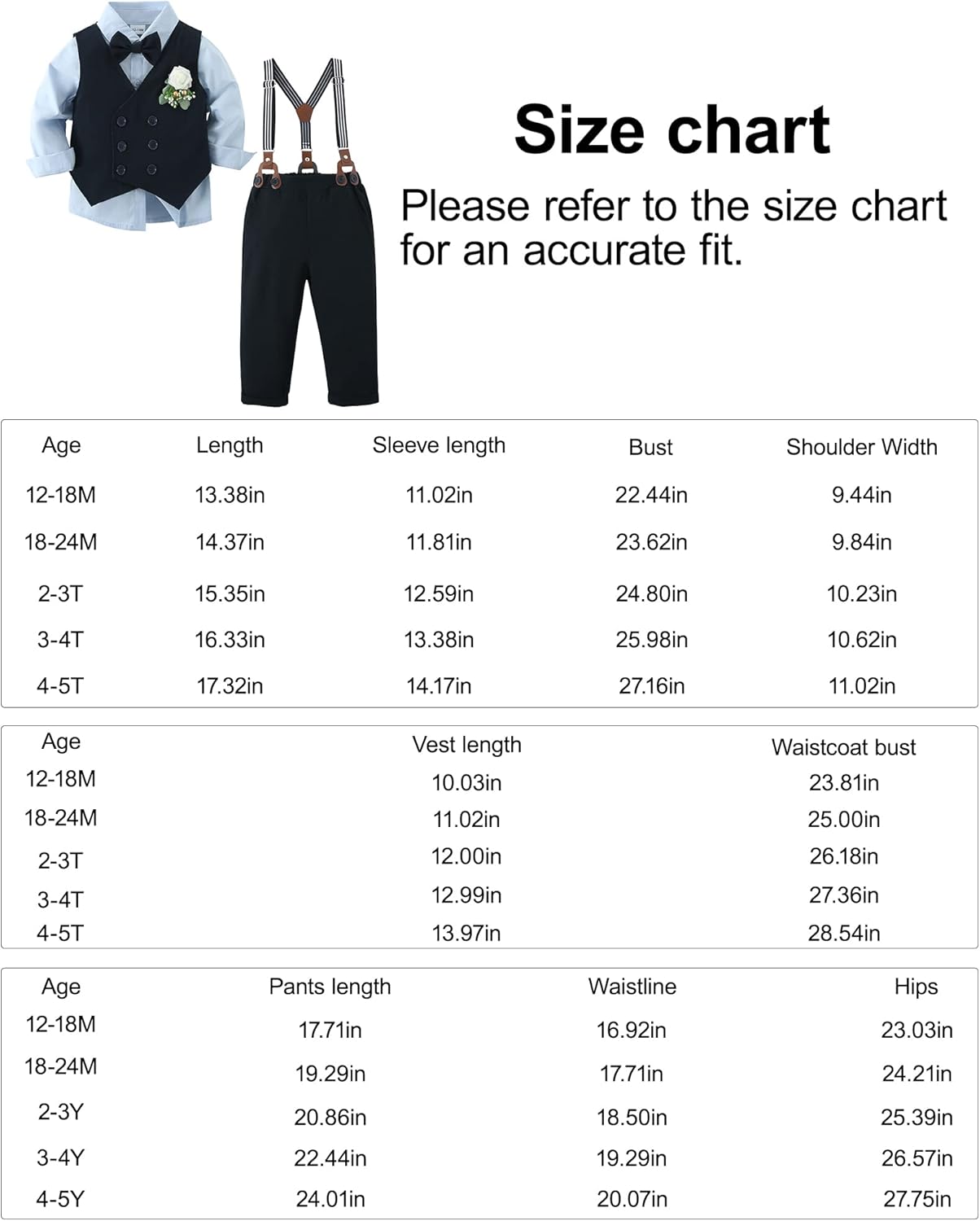 ZOEREA Baby Boy Gentleman Outfits Clothes Sets 1-5 Years Infant Birthday Party Wedding Long Sleeve Formal Dress Shirt+Bowtie+Vest+Boutonniere+Suspender Pants