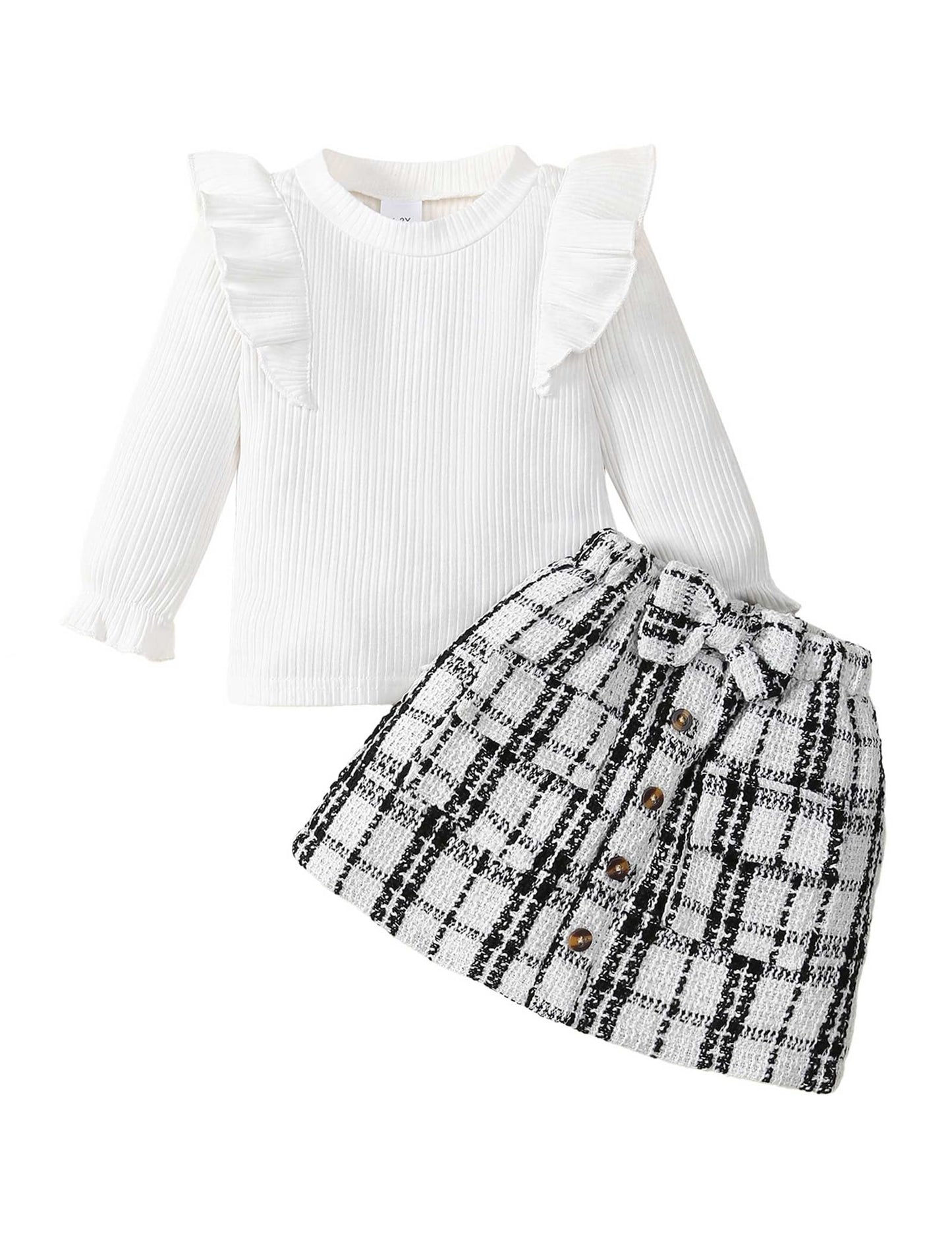 Qiraoxy Baby Girl Clothes Ruffle Ribbed Long Sleeve T-Shirt Top Plaid Skirt Fashion Set 2Pcs Toddler Kids Girl Fall Winter Outfits 1-6 Years