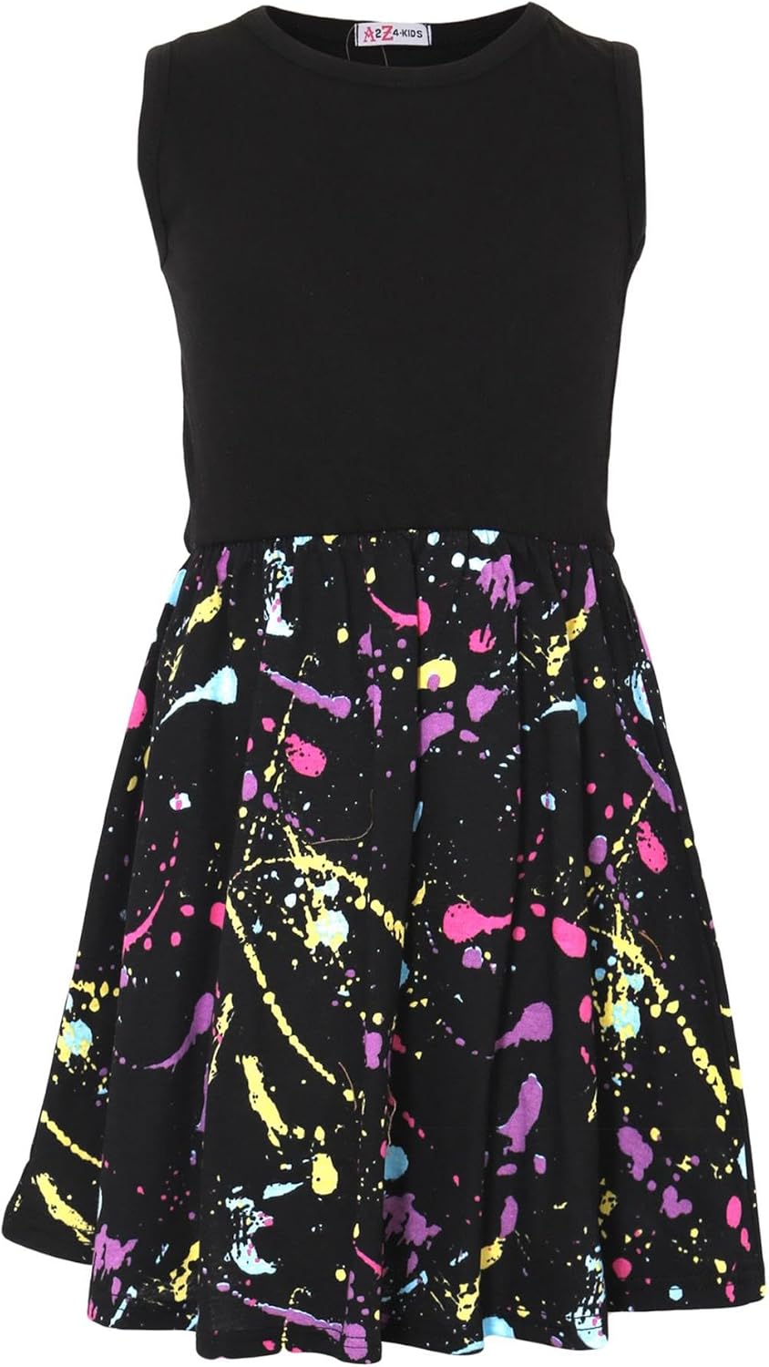 A2Z 4 Kids Girls Black Panel Skater Dress Pastel Splash Print Fashion Party Top Summer Dresses New Age 5 6 7 8 9 10 11 12 13 Years