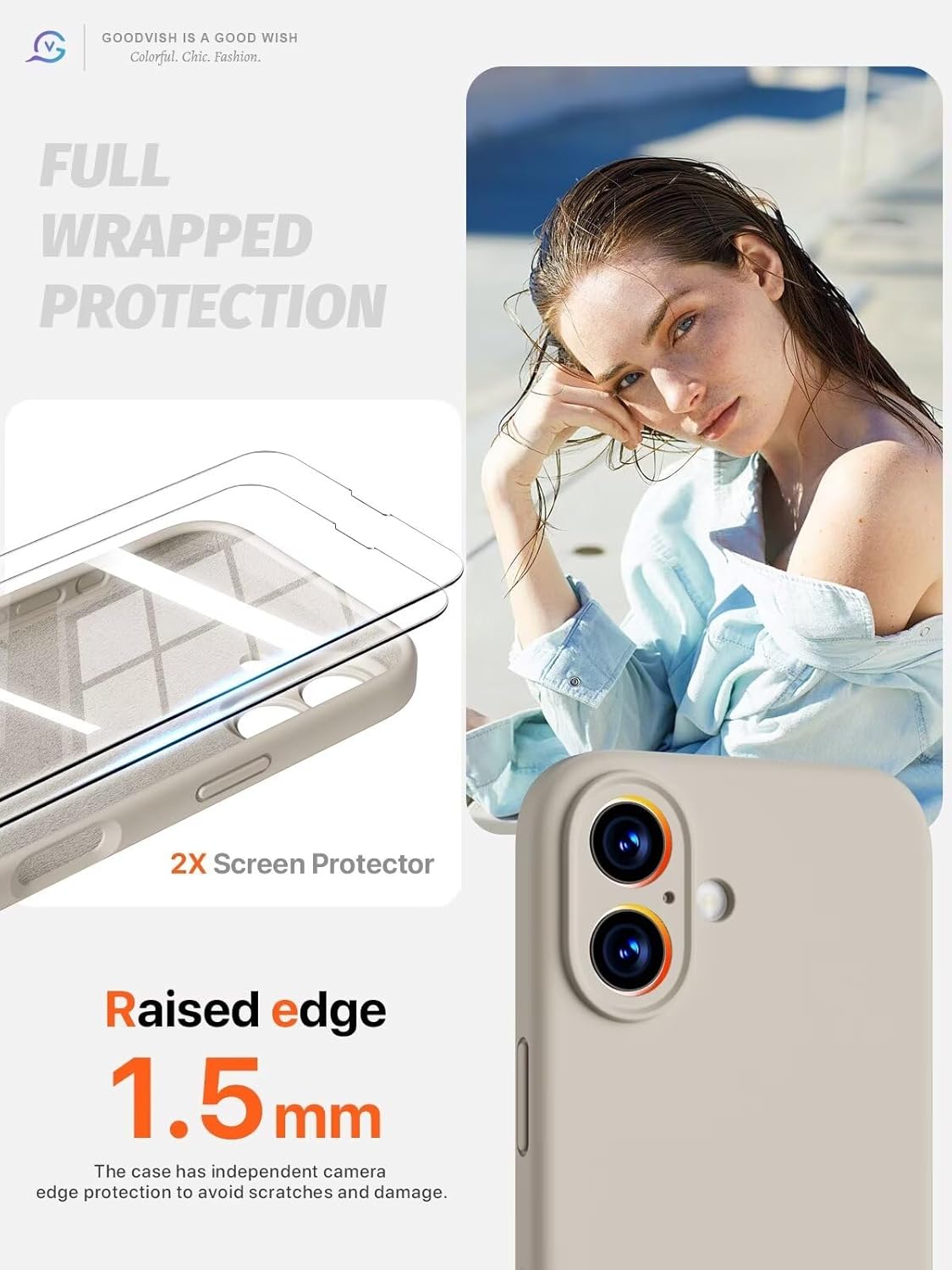 GOODVISH 3 IN 1 for iPhone 16 Case 6.1 inch, Upgraded Camera Protection, 2X HD Screen Protector, Liquid Silicone Anti-Scratch Shockproof Gel Rubber Anti-Fingerprint Phone Case Cover, Stone Grey