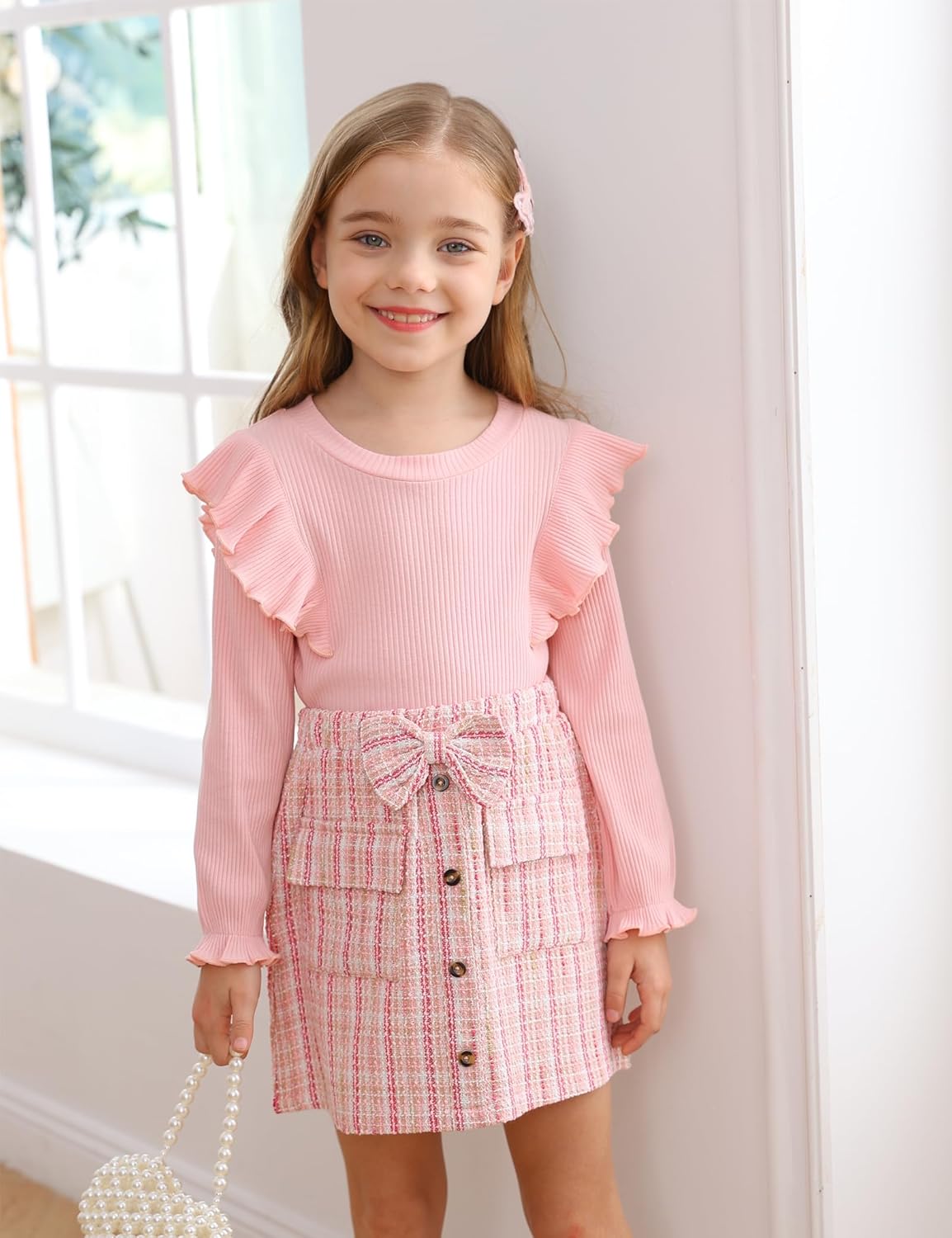 Qiraoxy Baby Girl Clothes Ruffle Ribbed Long Sleeve T-Shirt Top Plaid Skirt Fashion Set 2Pcs Toddler Kids Girl Fall Winter Outfits 1-6 Years