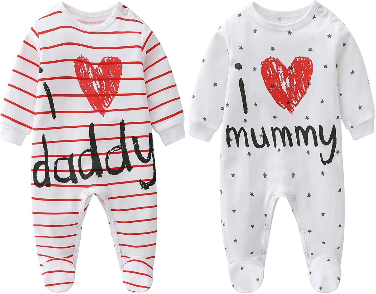 AOMOMO Baby Clothes Newborn Bodysuits I Love Daddy Mummy Romper Set, Cotton Footed Pajamas for Baby Girls and Boys