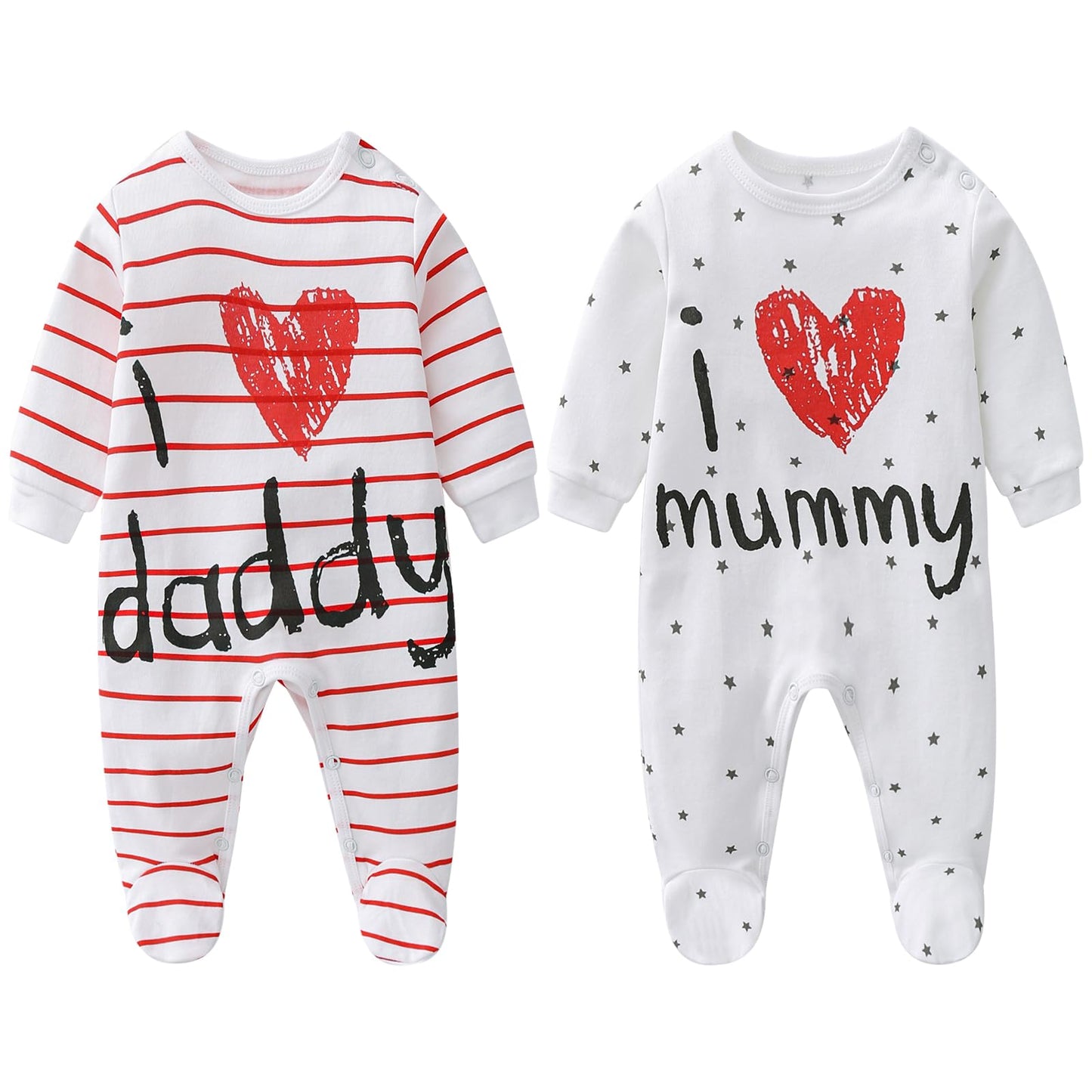 AOMOMO Baby Clothes Newborn Bodysuits I Love Daddy Mummy Romper Set, Cotton Footed Pajamas for Baby Girls and Boys