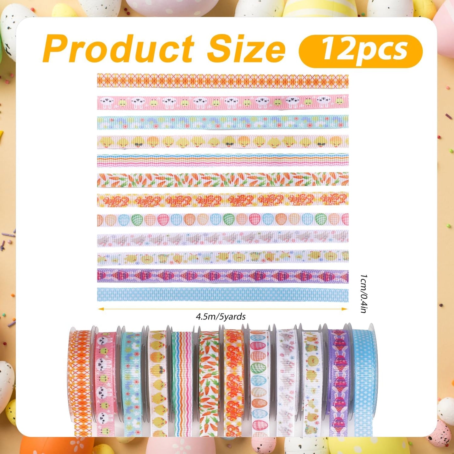 12 Rolls Easter Ribbons, 0.40 Inch x 5 Yards per Roll Chick Bunny Easter Egg Ribbon Easter Grosgrain Ribbon Spring Ribbon Easter Ribbon for Crafts Gift Wrapping Party Decor