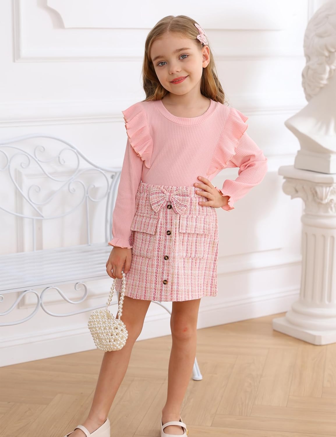 Qiraoxy Baby Girl Clothes Ruffle Ribbed Long Sleeve T-Shirt Top Plaid Skirt Fashion Set 2Pcs Toddler Kids Girl Fall Winter Outfits 1-6 Years