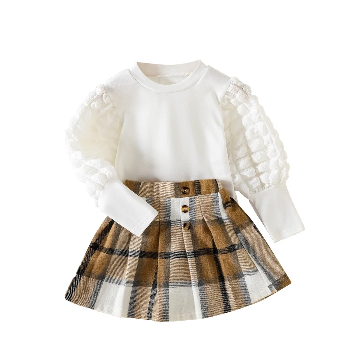 Qiraoxy Baby Girl Clothes Ruffle Ribbed Long Sleeve T-Shirt Top Plaid Skirt Fashion Set 2Pcs Toddler Kids Girl Fall Winter Outfits 1-6 Years