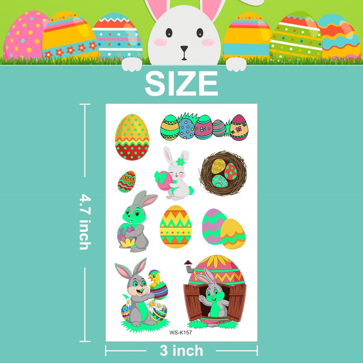 10 Sheets Easter Temporary Tattoos for Kids, Easter Stickers Luminous Fake Tattoos with Bunny Chick Easter Egg Decorations, Waterproof Safety Kids Tattoos for Easter Gifts Party Supplies(Easter)