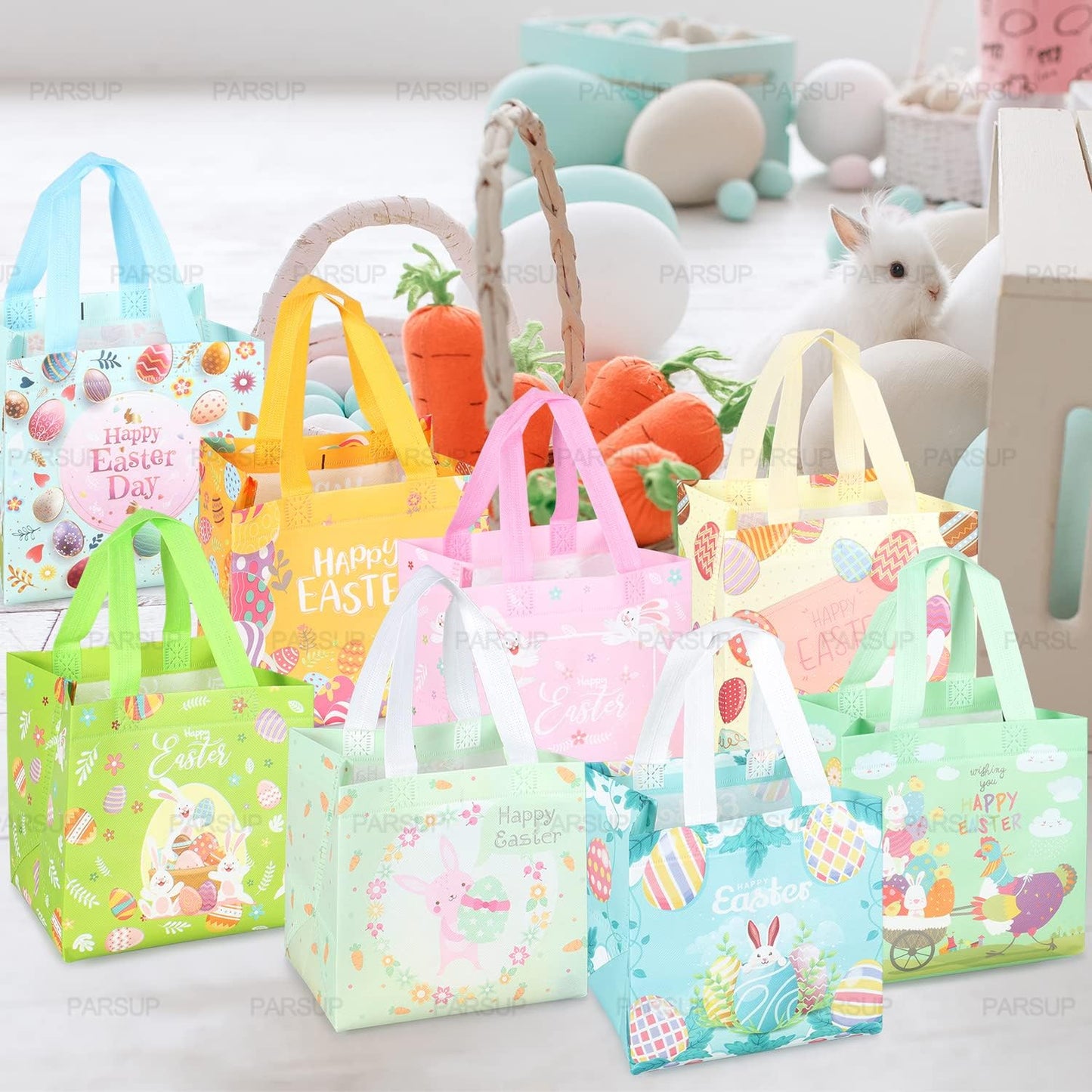 16PCS Happy Easter Egg Hunt Bags, Easter Bunny Carrot Chick Egg Bags with Handles, Easter Treat Bags, Non-Woven Easter Bags for Gifts Wrapping, Egg Hunt, Easter Party Supplies, 21×20×15cm