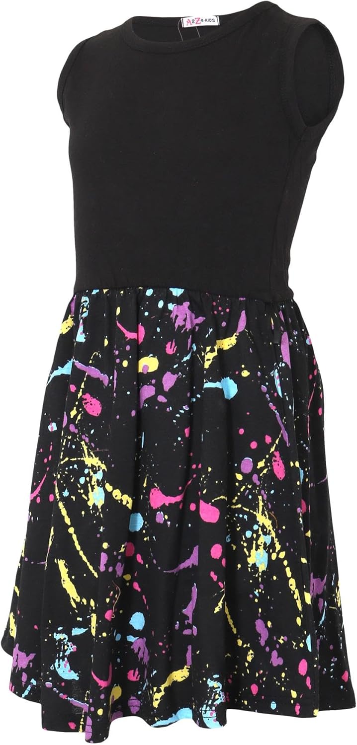 A2Z 4 Kids Girls Black Panel Skater Dress Pastel Splash Print Fashion Party Top Summer Dresses New Age 5 6 7 8 9 10 11 12 13 Years
