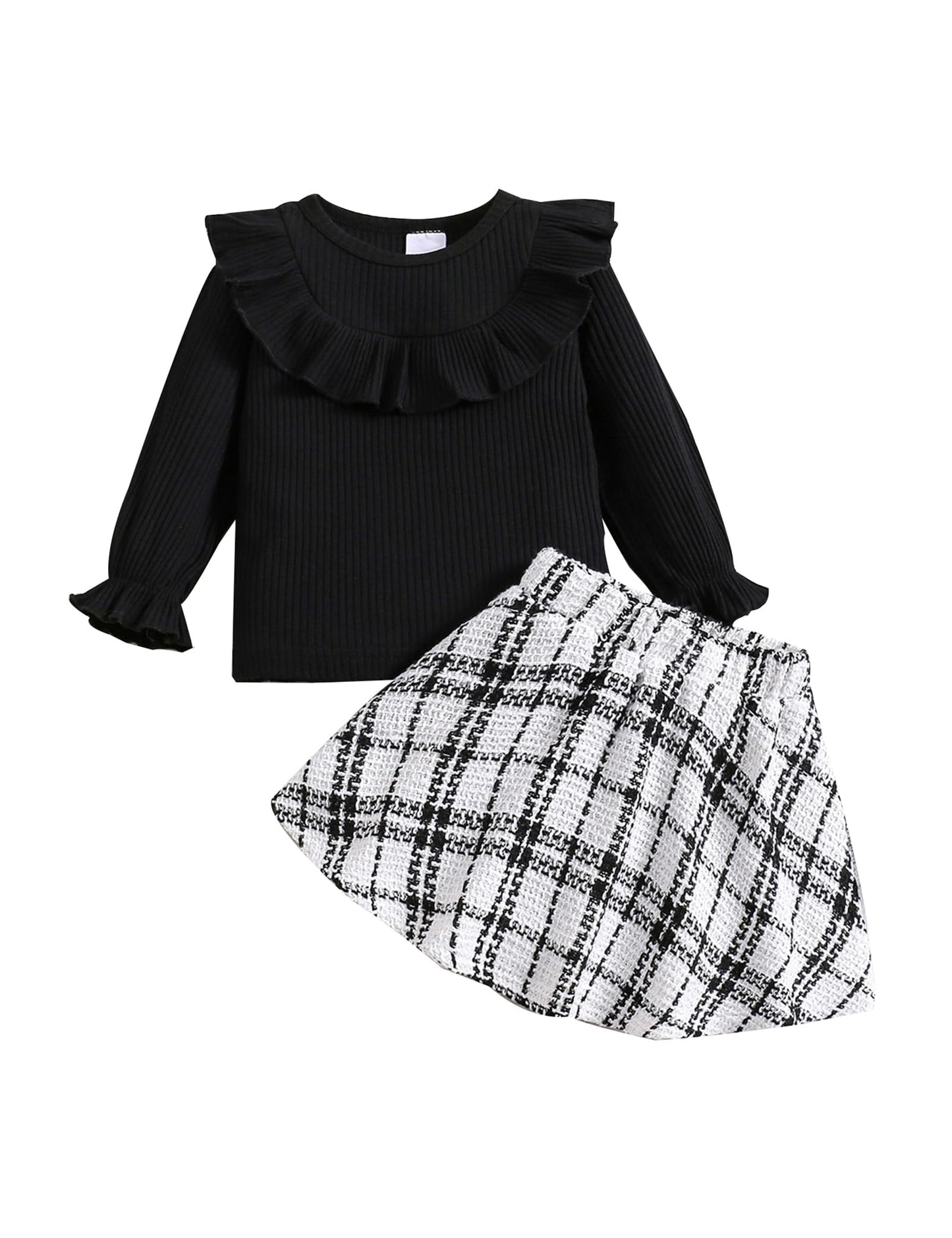 Qiraoxy Baby Girl Clothes Ruffle Ribbed Long Sleeve T-Shirt Top Plaid Skirt Fashion Set 2Pcs Toddler Kids Girl Fall Winter Outfits 1-6 Years