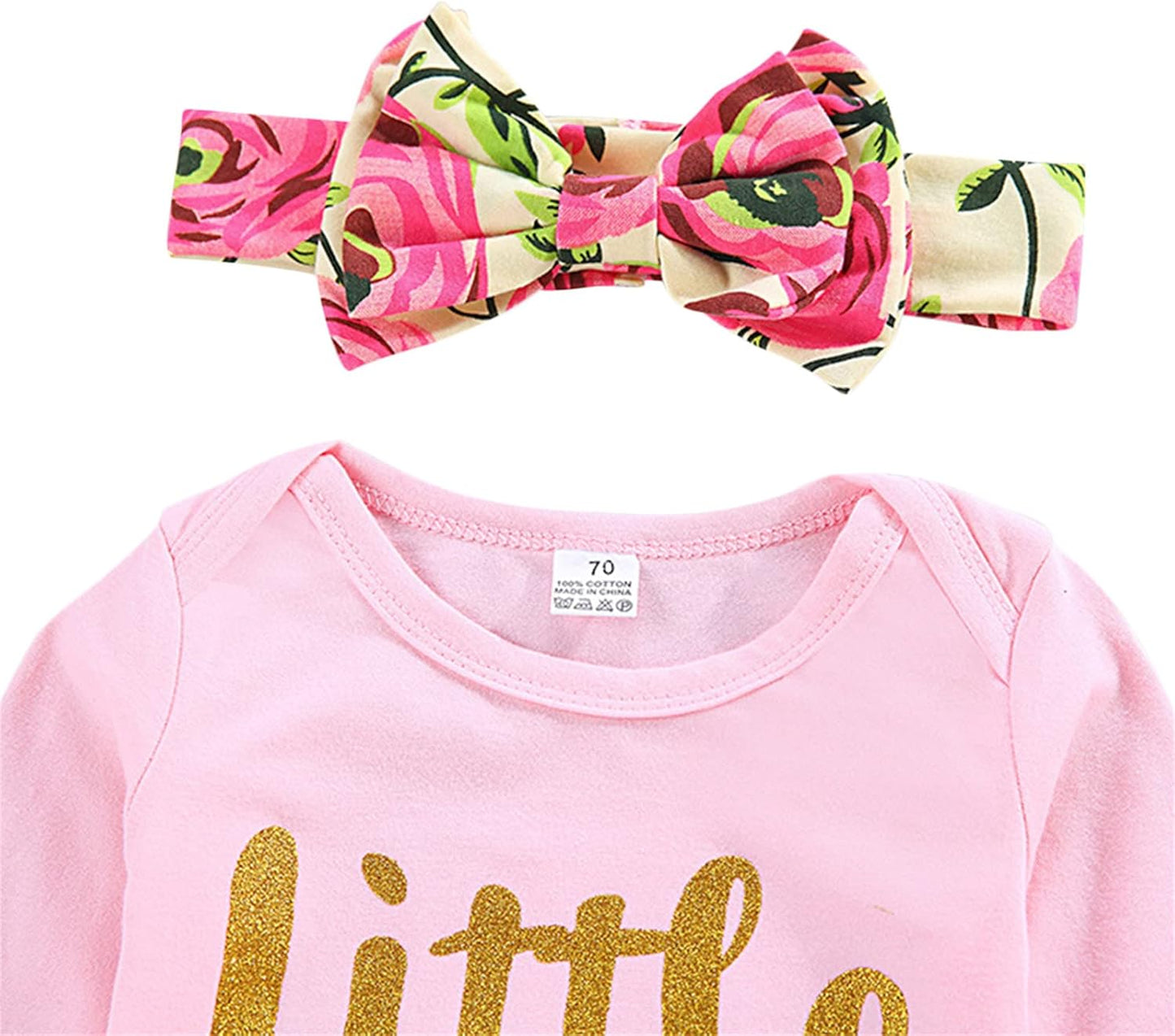 ChYoung Baby Girl Clothes Set Newborn Outfit Little Sister Romper Top and Rose Printed Pant and Headband 3 Pieces