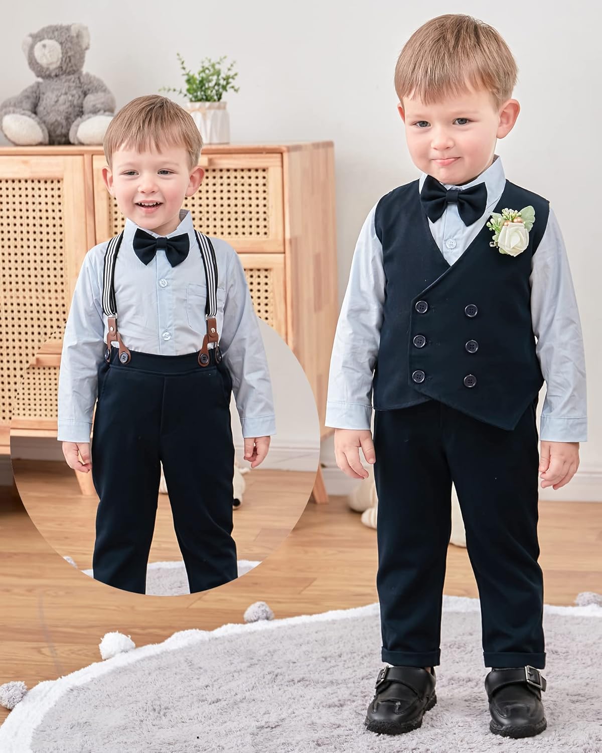 ZOEREA Baby Boy Gentleman Outfits Clothes Sets 1-5 Years Infant Birthday Party Wedding Long Sleeve Formal Dress Shirt+Bowtie+Vest+Boutonniere+Suspender Pants