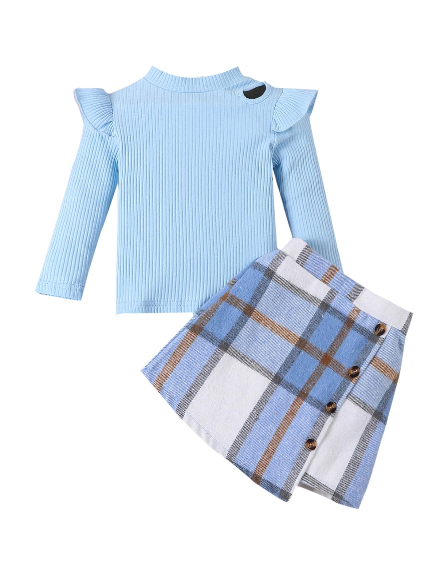 Qiraoxy Baby Girl Clothes Ruffle Ribbed Long Sleeve T-Shirt Top Plaid Skirt Fashion Set 2Pcs Toddler Kids Girl Fall Winter Outfits 1-6 Years