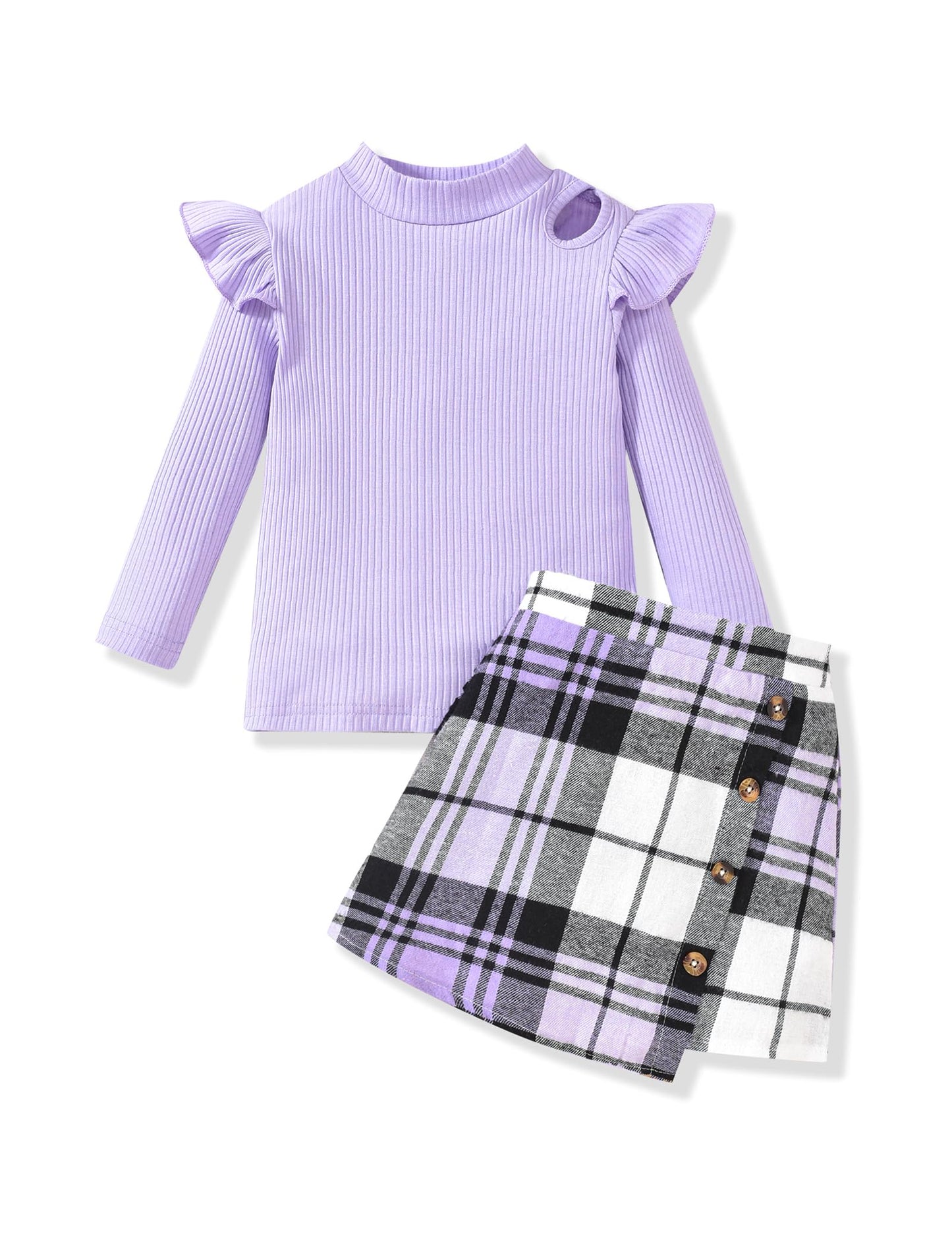 Qiraoxy Baby Girl Clothes Ruffle Ribbed Long Sleeve T-Shirt Top Plaid Skirt Fashion Set 2Pcs Toddler Kids Girl Fall Winter Outfits 1-6 Years