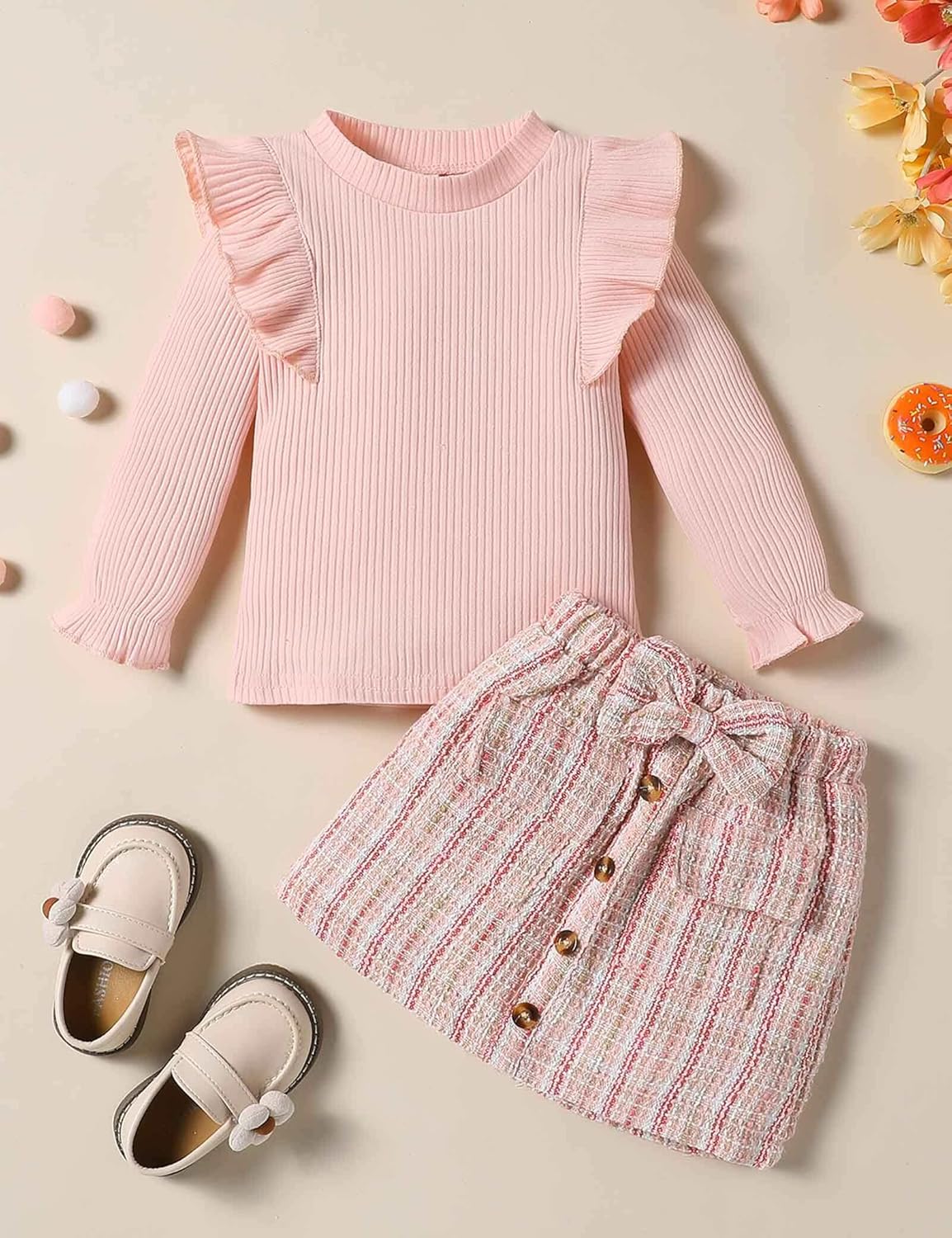 Qiraoxy Baby Girl Clothes Ruffle Ribbed Long Sleeve T-Shirt Top Plaid Skirt Fashion Set 2Pcs Toddler Kids Girl Fall Winter Outfits 1-6 Years