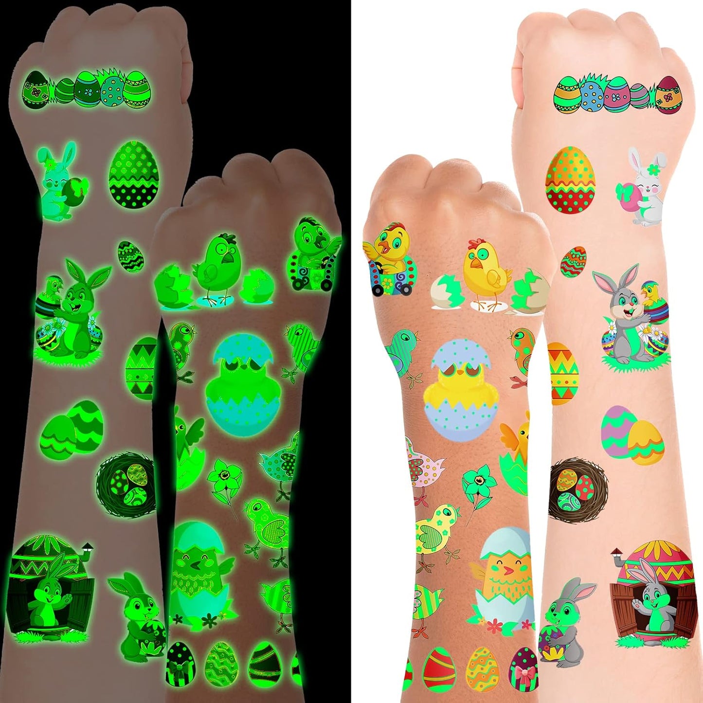 10 Sheets Easter Temporary Tattoos for Kids, Easter Stickers Luminous Fake Tattoos with Bunny Chick Easter Egg Decorations, Waterproof Safety Kids Tattoos for Easter Gifts Party Supplies(Easter)