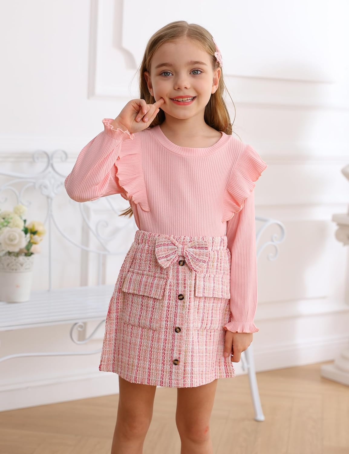 Qiraoxy Baby Girl Clothes Ruffle Ribbed Long Sleeve T-Shirt Top Plaid Skirt Fashion Set 2Pcs Toddler Kids Girl Fall Winter Outfits 1-6 Years