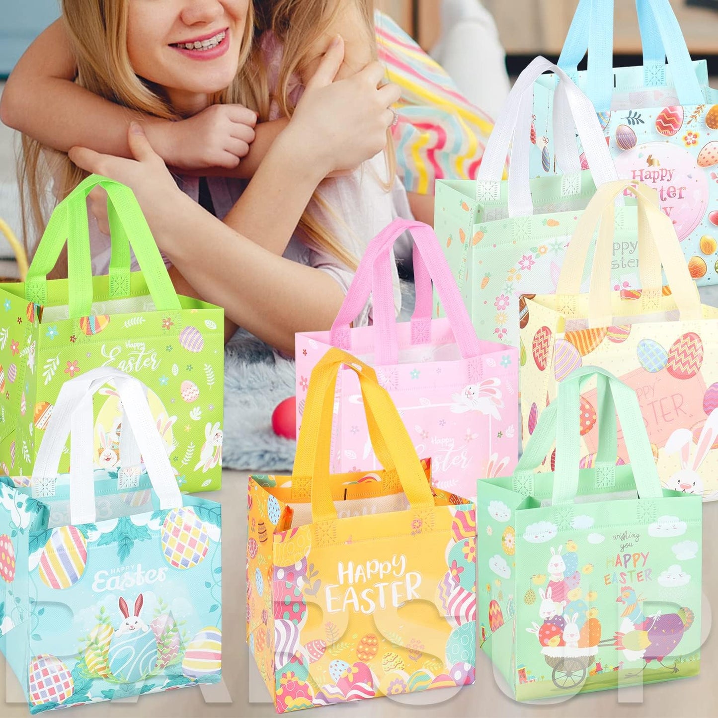 16PCS Happy Easter Egg Hunt Bags, Easter Bunny Carrot Chick Egg Bags with Handles, Easter Treat Bags, Non-Woven Easter Bags for Gifts Wrapping, Egg Hunt, Easter Party Supplies, 21×20×15cm