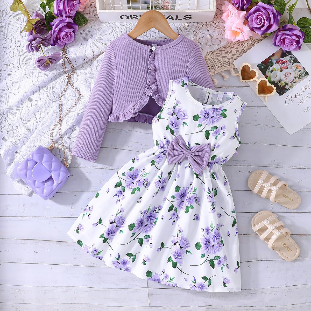 Yanmucy Little Girls Dresses with Cardigan Sets 2PCS Baby Girls Floral Dresses Toddler Kids Long Sleeve Ruffle Coat Girls Clothes for 2-8 Years