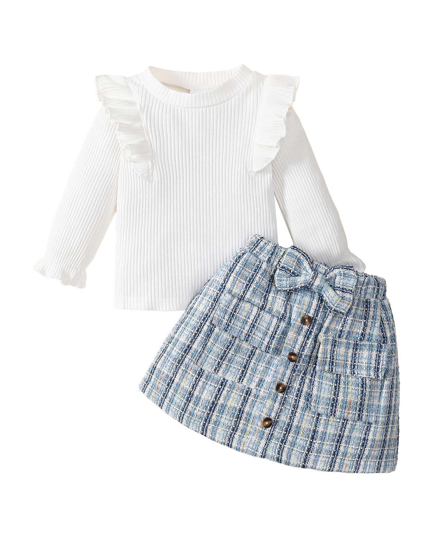 Qiraoxy Baby Girl Clothes Ruffle Ribbed Long Sleeve T-Shirt Top Plaid Skirt Fashion Set 2Pcs Toddler Kids Girl Fall Winter Outfits 1-6 Years