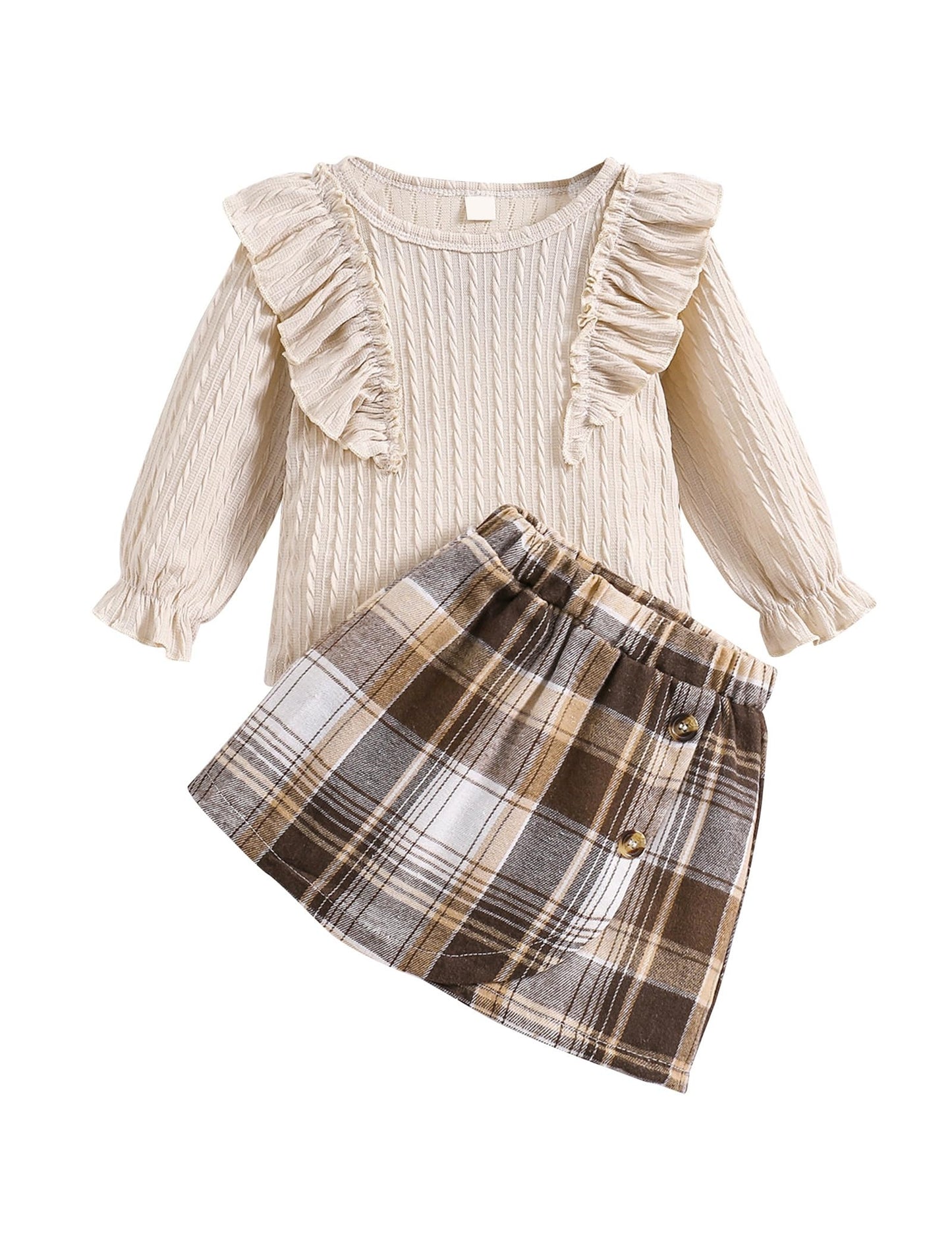 Qiraoxy Baby Girl Clothes Ruffle Ribbed Long Sleeve T-Shirt Top Plaid Skirt Fashion Set 2Pcs Toddler Kids Girl Fall Winter Outfits 1-6 Years