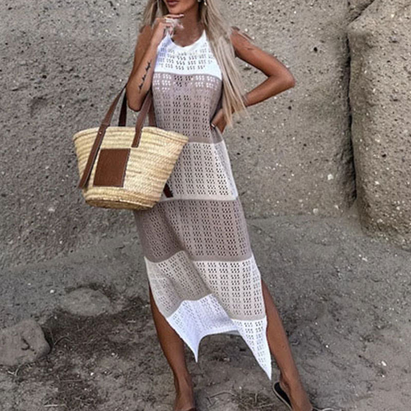 Round Neck Sleeveless Contrast Color Slit Hemline At Hem Knitted Dress