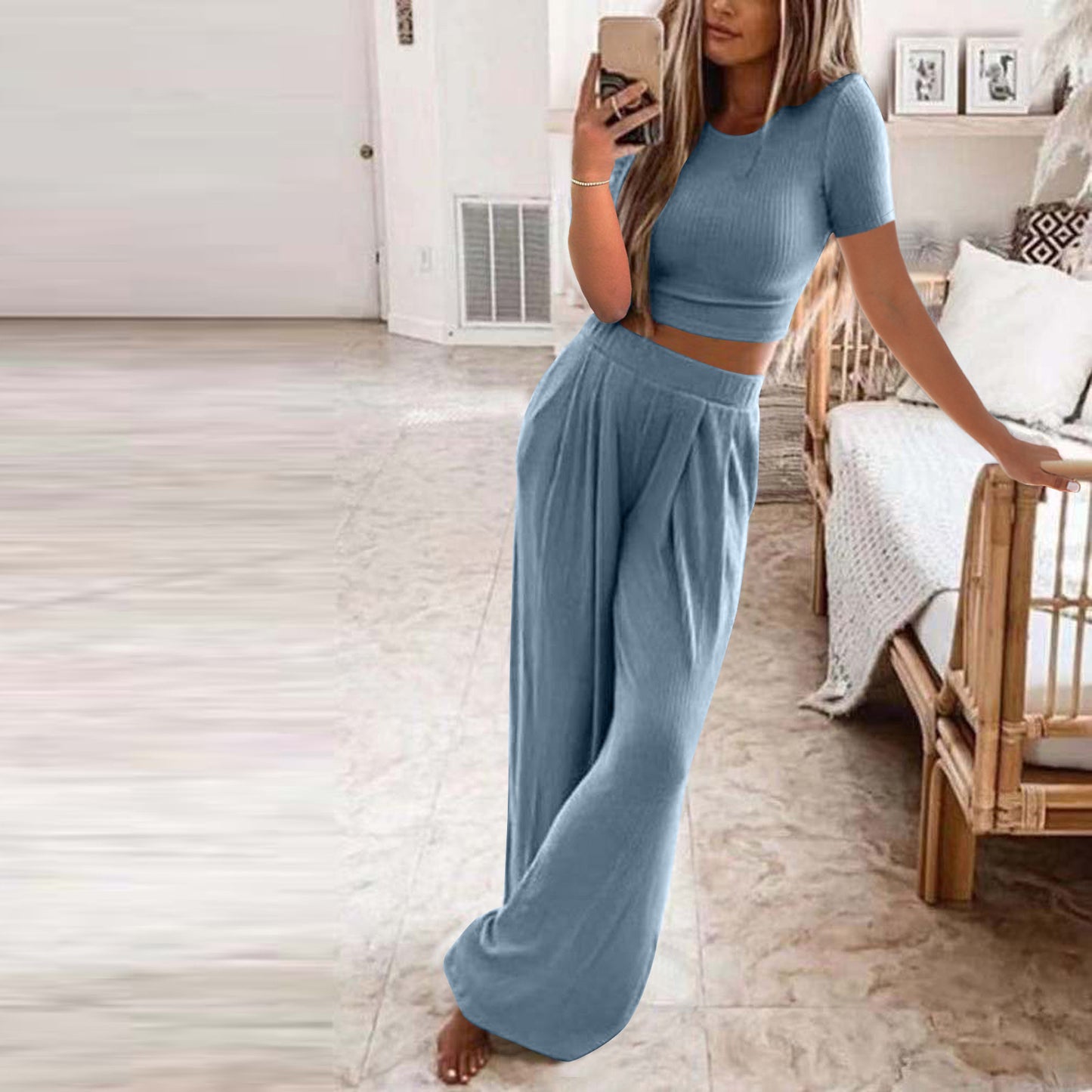 Solid Color Knit Casual Home Two-piece Suit For Women