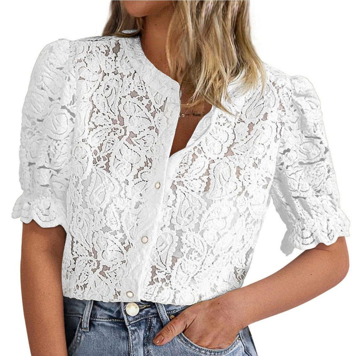Summer Lace Short Sleeve Casual Button Shirt