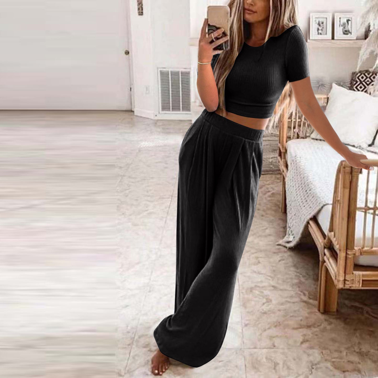 Solid Color Knit Casual Home Two-piece Suit For Women