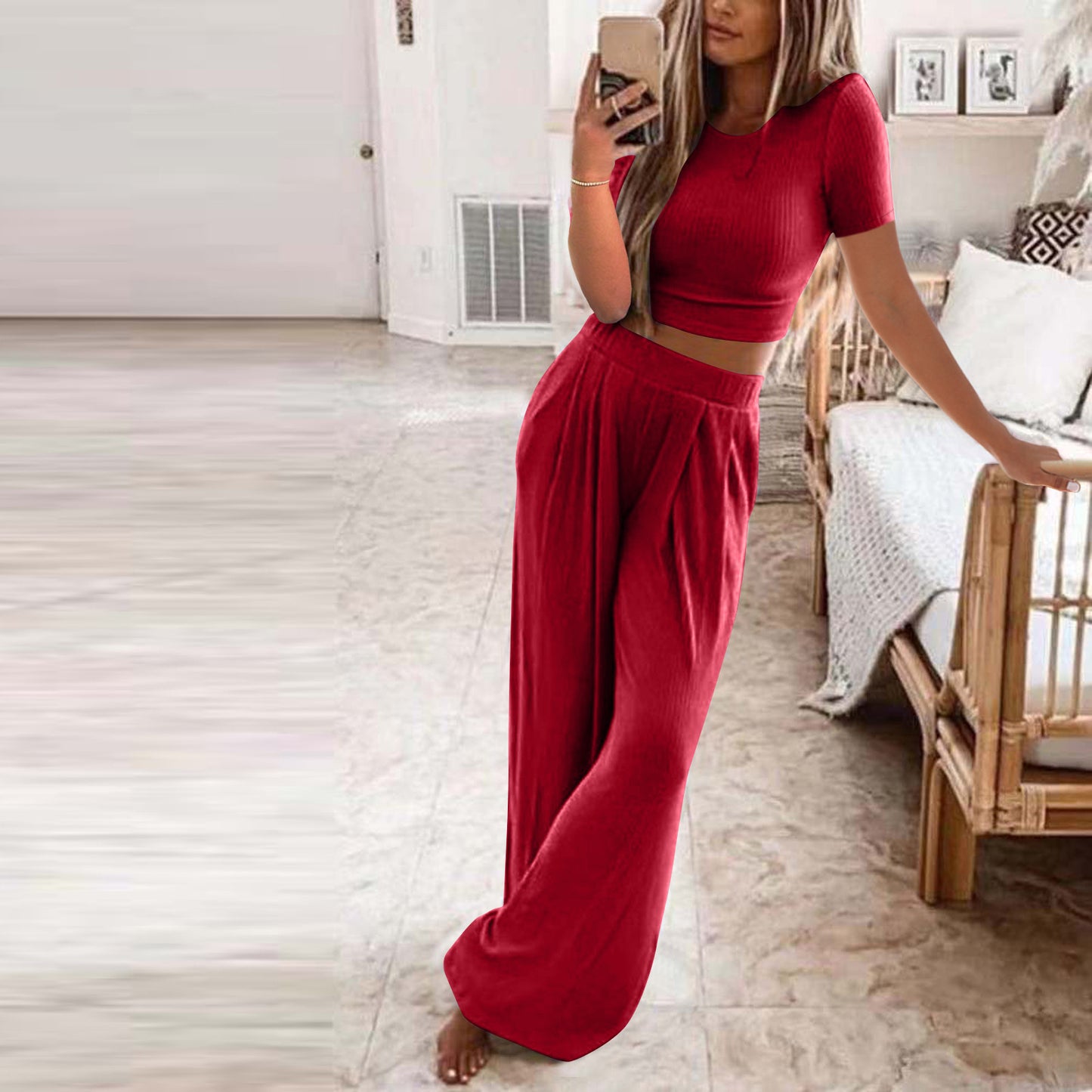 Solid Color Knit Casual Home Two-piece Suit For Women