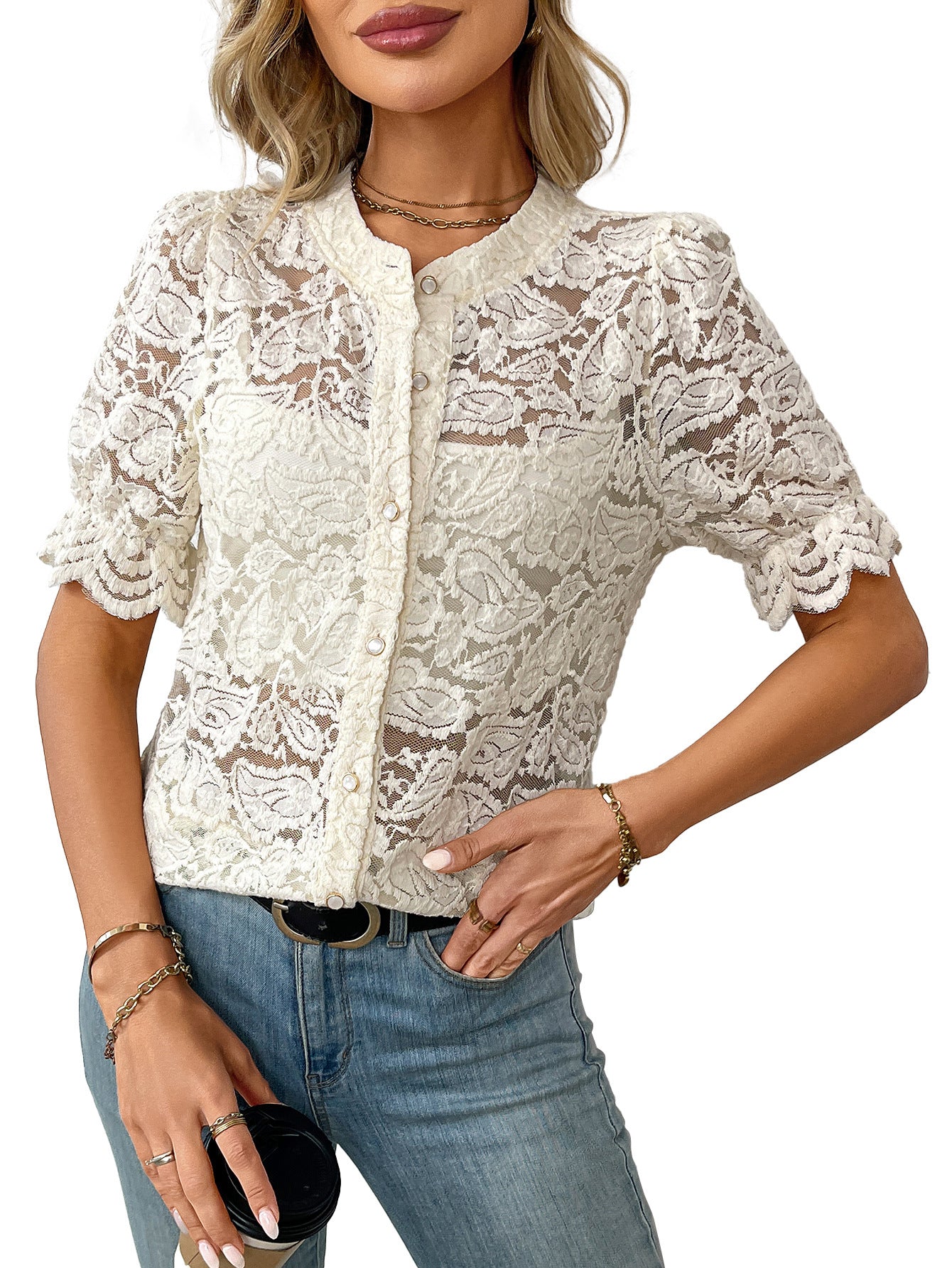 Summer Lace Short Sleeve Casual Button Shirt
