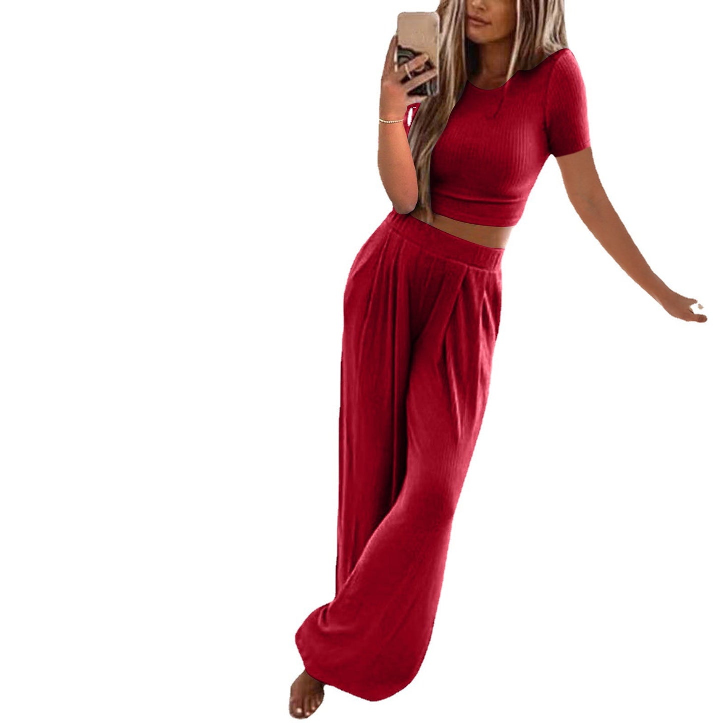 Solid Color Knit Casual Home Two-piece Suit For Women
