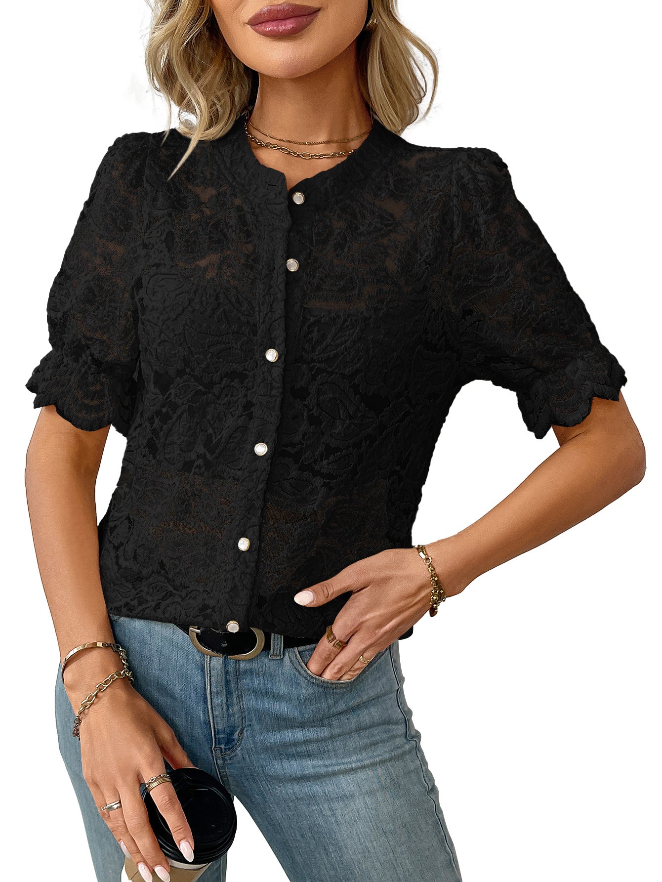 Summer Lace Short Sleeve Casual Button Shirt