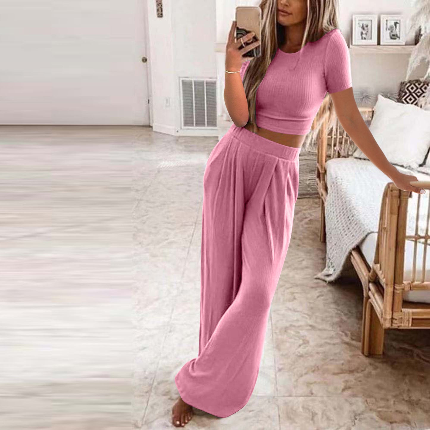 Solid Color Knit Casual Home Two-piece Suit For Women