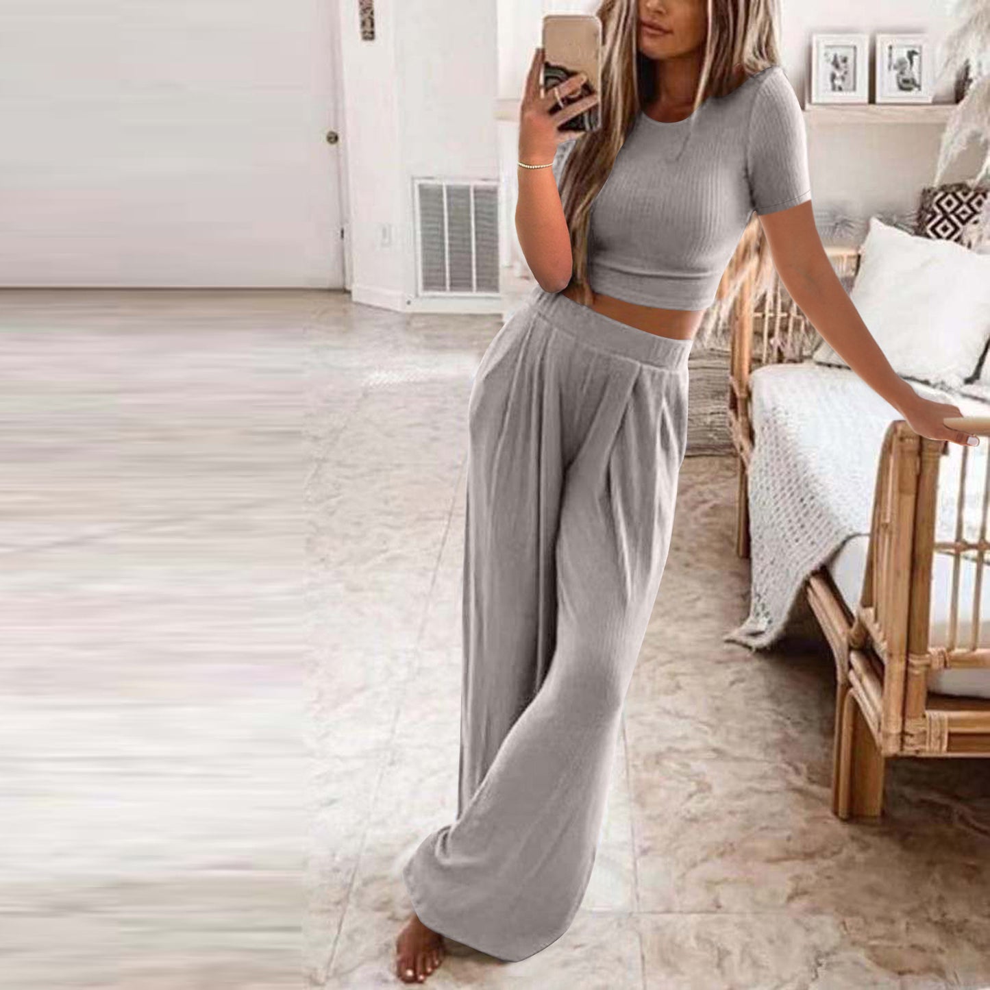 Solid Color Knit Casual Home Two-piece Suit For Women