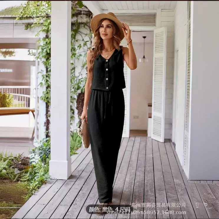 Elegant Women's Suit V-neck Vest Loose Wide Leg Pants