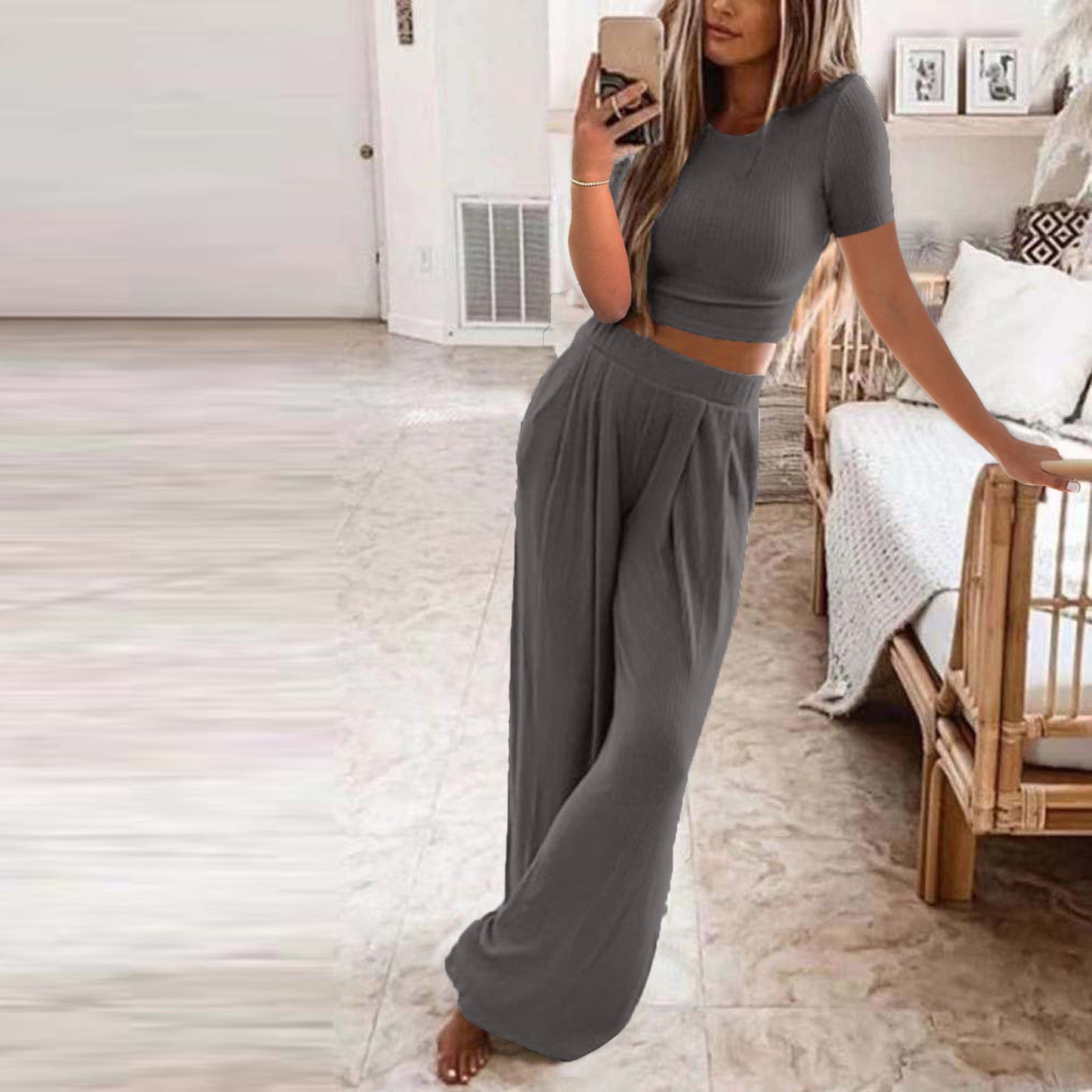 Solid Color Knit Casual Home Two-piece Suit For Women